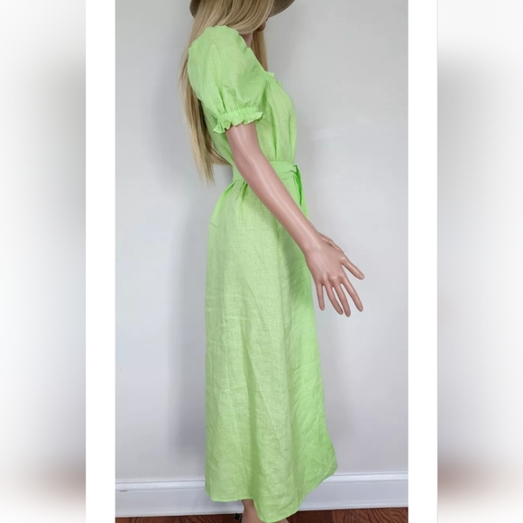 SLEEPER DRESS BRIGETTE GREEN LINEN BELT PUFF SLEEVES MIDI  SMALL - Picture 7 of 16